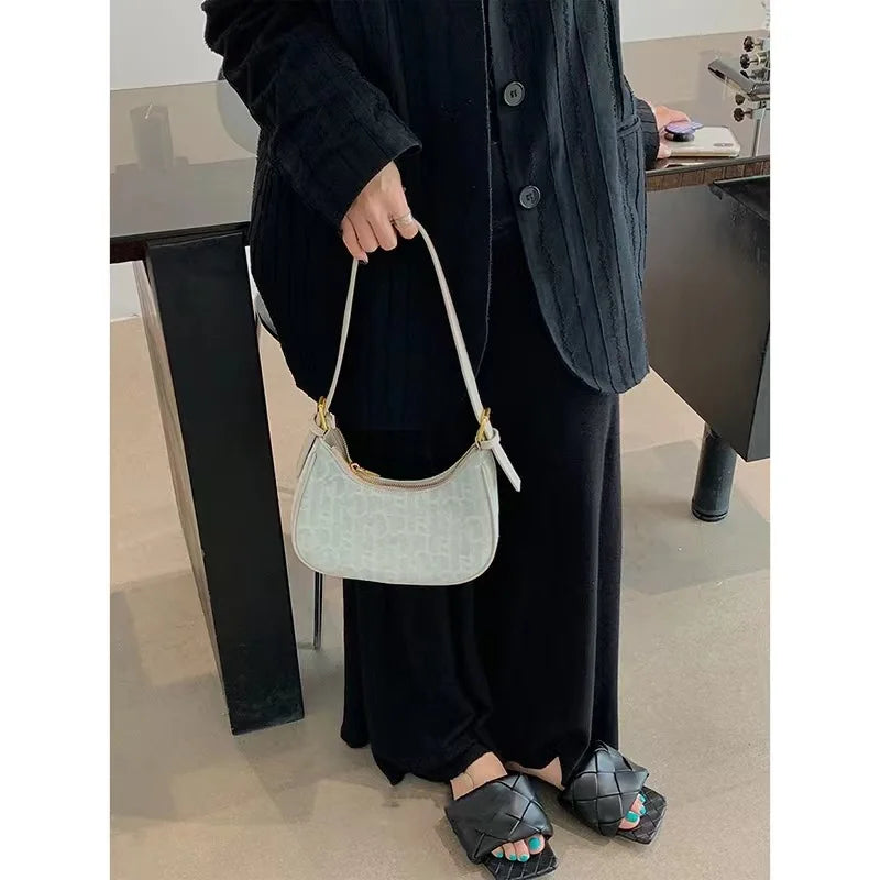 Stylish Casual Underarm Bag, Letter Embroidery Baguette Bag, Women's Everyday Shoulder Bag & Purse