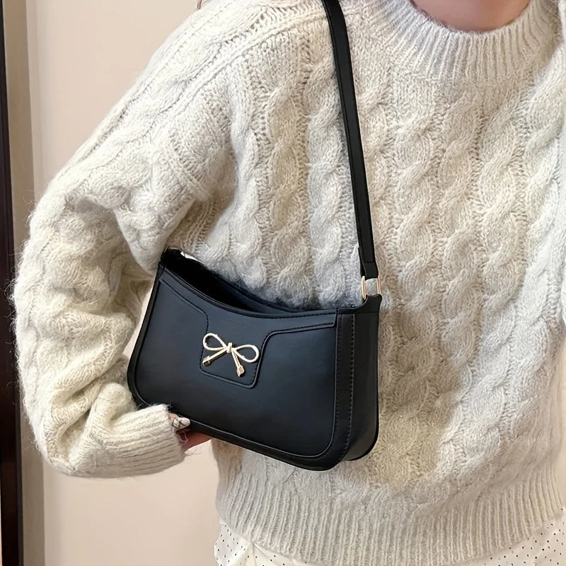 Solid Color Bowknot Shoulder Bag, Elegant Small Square Bag, Suitable for Women Handbags, Zipper Closure,Fashion Underarm Bag,