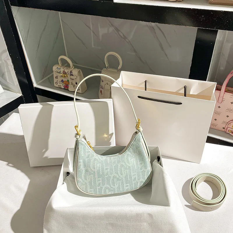Stylish Casual Underarm Bag, Letter Embroidery Baguette Bag, Women's Everyday Shoulder Bag & Purse